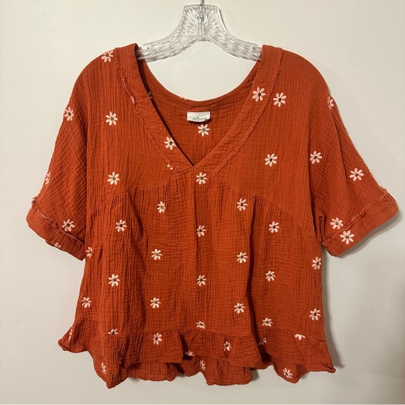 New'm V-Neck Ruffle Blouse in Rust Orange Short Sleeves Floral Daisy | Sz Large - Picture 2 of 11